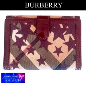 BURBERRY Maroon & Tan Star Print Canvas & Patent Leather Wallet, EUC